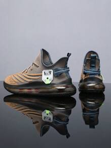 男士时尚针织透气跑鞋，舒适防滑耐用运动鞋，适合户外活动，时尚气垫轻便透气跑鞋 - 卡其色 - 查看 1