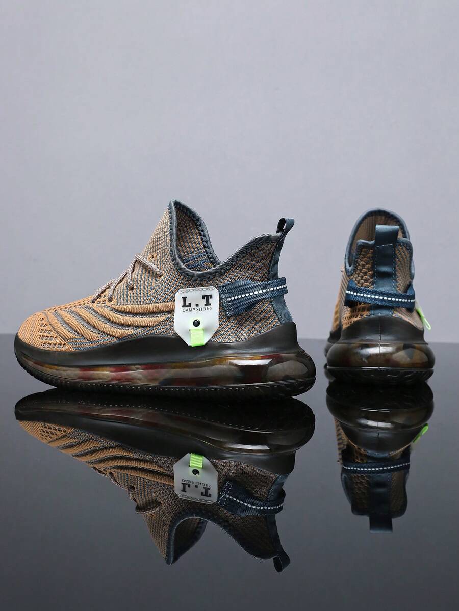 男士时尚针织透气跑鞋，舒适防滑耐用运动鞋，适合户外活动，时尚气垫轻便透气跑鞋 - 卡其色 - 查看 1