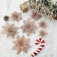 12 件圣诞闪光一品红装饰香槟金人造一品红花朵树饰带夹子圣诞花适用于婚礼节日派对装饰，圣诞节 - 查看 4