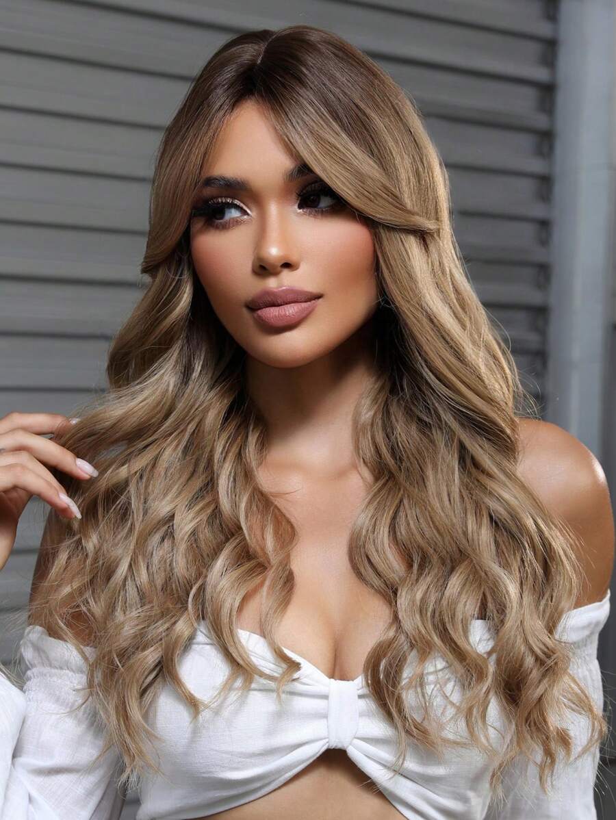 28 Inch Women's Ombre Brown Long Curly Wig With Bangs, Wavy Curly, Heat Resistant Synthetic Wig, Soft & Natural