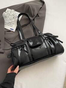 韩国小众设计感单肩包，波士顿保龄球手提包，多口袋，大容量腋下单肩包 - 黑色 - 查看 8