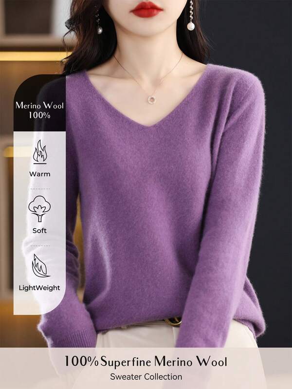 100% Merino Wool Women Sweater V Neck Pullover First-Line Ready To Wear Casual Long Sleeve Seamless Knit Sweater