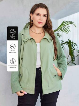 HaiLuoZi 1 件女式绿色拼布拉链连帽衫，休闲秋冬