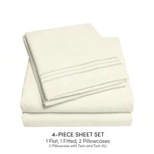 Classic 4-Piece Bed Sheet Set By Sweet Home Collection, Complete With 2 Pillowcases, 1 Fitted Sheet, And 1 Flat Sheet – DEEP POCKET, Soft, Breathable, Perfect For All Seasons, Lightweight For Everyday Use, OEKO-TEX Certified, Includes No Harmful Substances Or Chemicals. Perfect For All Age Groups! Great Gift Idea. Fast Shipping! Choose From Wide Variety Of Sizes And Color Options For Any Decor. Embroidered Pillowcases. Available Sizes, Twin, Twin Extra Long, Full, Queen, RV Queen/Short Queen, King, California King, Split King/Double King - 象牙 - 查看 2