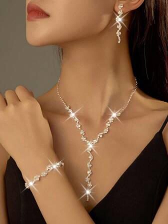 3 Pieces/Set Wedding Bridal Jewelry Set, Including: Crystal Wave Pendant Necklace, Earrings, Bracelet. Light And Elegant Style, Suitable For Women's Daily Wear, Weddings, Parties, Etc.