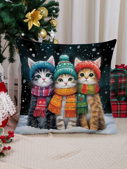 1pc Christmas Cute 3 Kittens Pattern Cushion Cover, Modern Fabric Velvet Printed Throw Pillow Case For Sofa, Living Room, Christmas Home Decor, No Filling