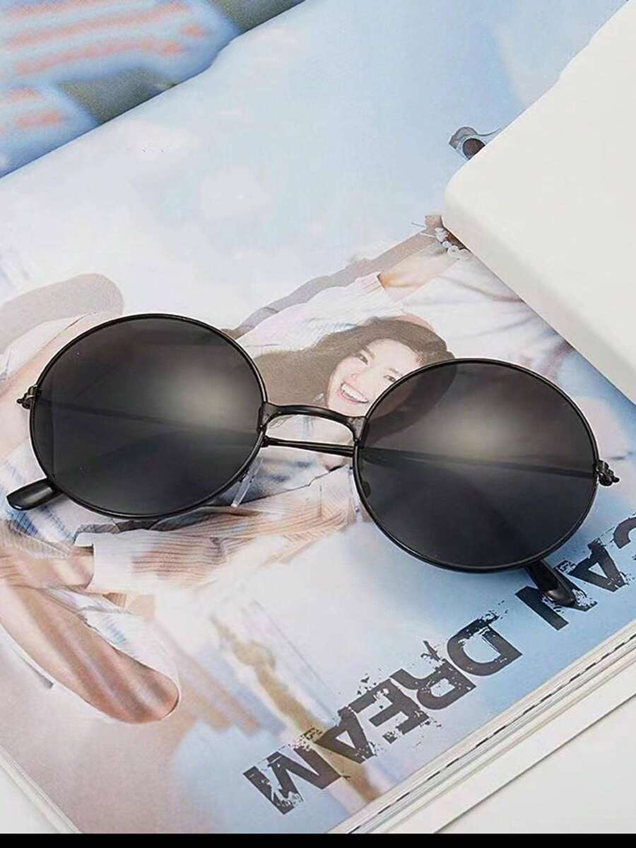 1pc Men's Black Vintage Round Fashion Glasses, Trendy Shanghai Beach