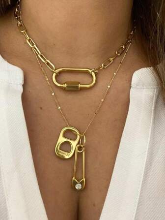 1 pieza Nuevo estilo de collar con cadena de oro apilable, colgante de alfiler, collar sencillo y elegante para mujer