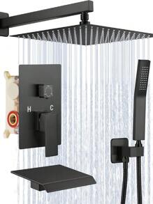 12 Inch Shower System With Tub Spout, 3 Function Bathtub Shower Faucet Set, Wall Mounted Bathroom High Pressure Shower Head With Handheld Sprayer Rough In Valve Body And Trim - 霧面黑 - 查看 2
