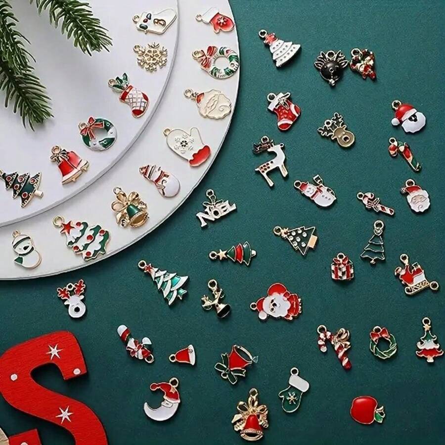 30pcs Random Assorted Cute Christmas Pendant Set - Mini Alloy DIY Pendants For Necklace, Bracelet, Earrings And Other Handmade Decorations - Santa Claus, Reindeer, Snowman Designs, Suitable For All Seasons - Christmas - View 1