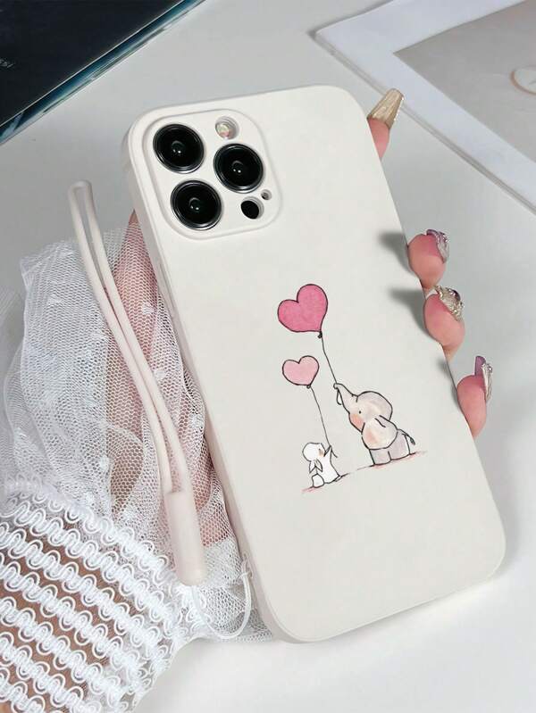1个白色TPU卡通大象兔子图案防震手机壳和1条白色硅胶腕带，兼容