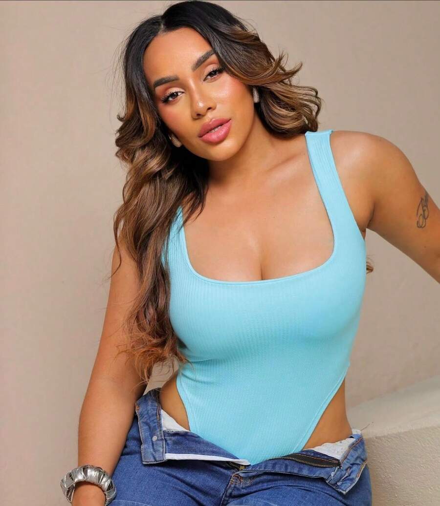 Bori Women's Bodysuit, Hollowed Out At The Waist, Cutout, Belly, Sides, Gringa Blogger, Stylish, Suplex, Various Colors - Màu xanh Cadet - Xem 1