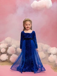年轻女孩奢华儿童亮片晚礼服 - 长袖方领修身美人鱼拖地长裙，撞色腰部，蕾丝薄纱裙和闪亮派对设计，适合特殊场合 - 寶藍色 - 查看 5