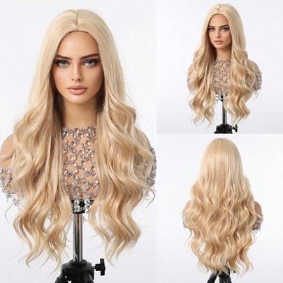 24英寸高品质自然波浪中长卷金色合成纤维假发，适合日常佩戴、节日、派对、角色扮演、万圣节、圣诞节和其他场合。