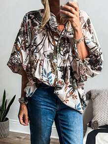 Blouse femme blanche à manches chauve-souris avec imprimé nature