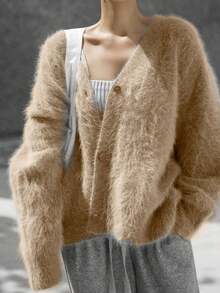 1 chiếc áo len cardigan dệt kim đơn hàng khuy đơn giản, vai trễ màu trơn cho nữ, áo len thu đông, áo nữ - Màu be - Xem 2