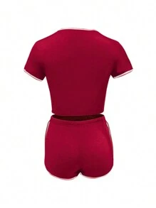 Women's 2 Pieces Sports Tracksuit Set, Short Sleeve Round Neck Top + High Waist Short Pants Sets - Red - View 10