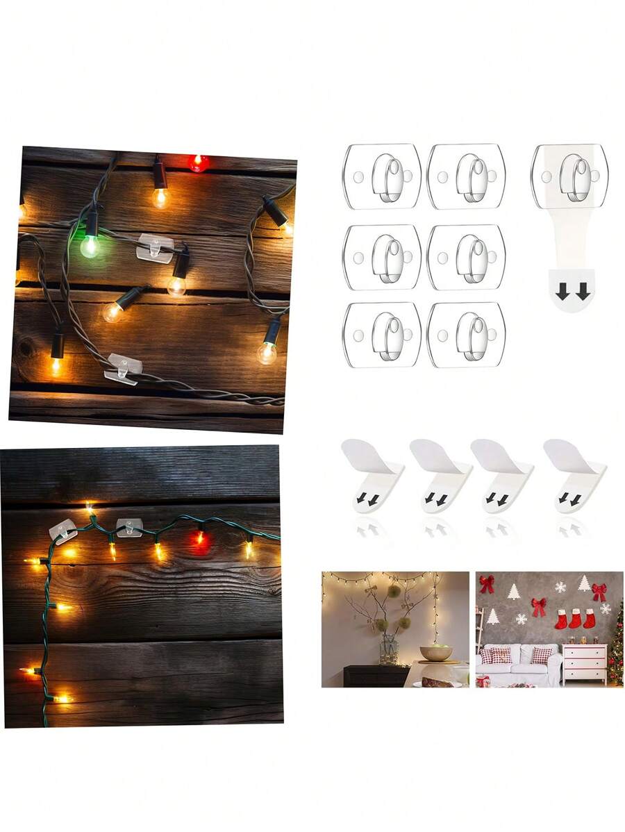1-opakowanie dużych klipsów świetlnych, bezuszkodzeniowe wiszące haki świetlne z paskami samoprzylepnymi, przezroczyste klipsy ścienne do wiszących świateł wewnętrznych i zewnętrznych, dekoracji świątecznych i kabli, 6 przezroczystych klipsów i 6 pasków