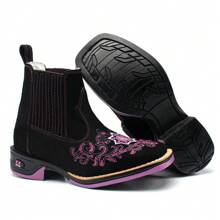 RR Women's Boots Country Texan Boots In Leather With Floral Flower Embroidery Rubber Sole Square Toe - màu đen - Xem 4
