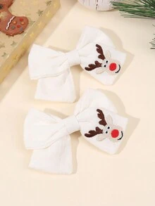 2pcs Christmas Reindeer Embroidered Sailor Hair Bow For Girls, Reindeer Pattern White Fabric Bow Alligator Clips With Full Lined ,Elegant Bow Hair Clips For Christmas Party Favor Gifts,Women Hair Accessories. - Christmas Deer - View 8