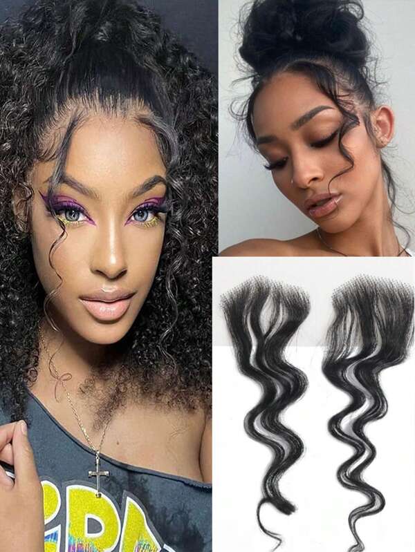 V Shape Transparent Lace Baby Hair Edge Stripes Real Human Hair Curly Baby Hair More Natural For Women Reusable Swiss Lace Hairline Baby Hair Curly Natural Color 2Pcs