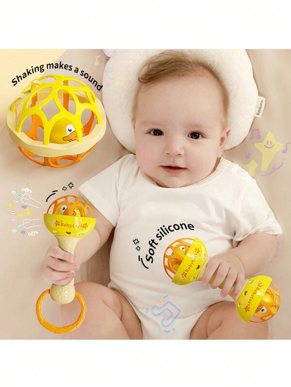 3pcs Baby Toys - Grab Ball, Rattle, Fitness Soft Ball, New Born Early Educational Grasping Hammer Toys, Suitable For 0-3 Years Old Babies