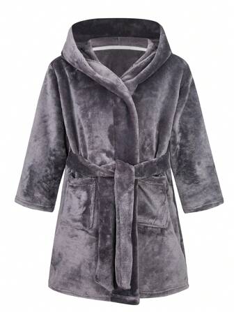 Young Boy Flannel Hooded Bathrobe With Belt, Long Sleeve Gray Thick Soft Sleepwear For Shower & Home, Autumn-Winter