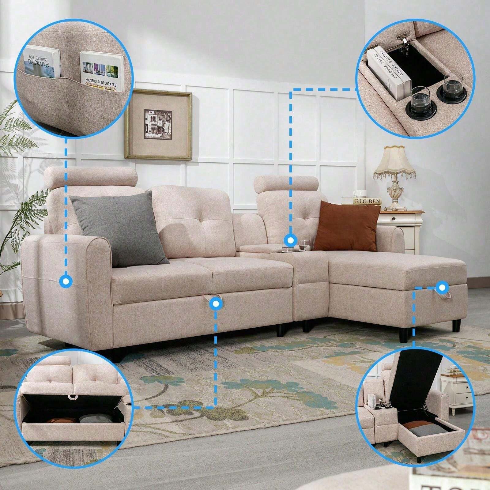 Sectional Sofa Couch With Reversible Storage Chaise, Uphostered L