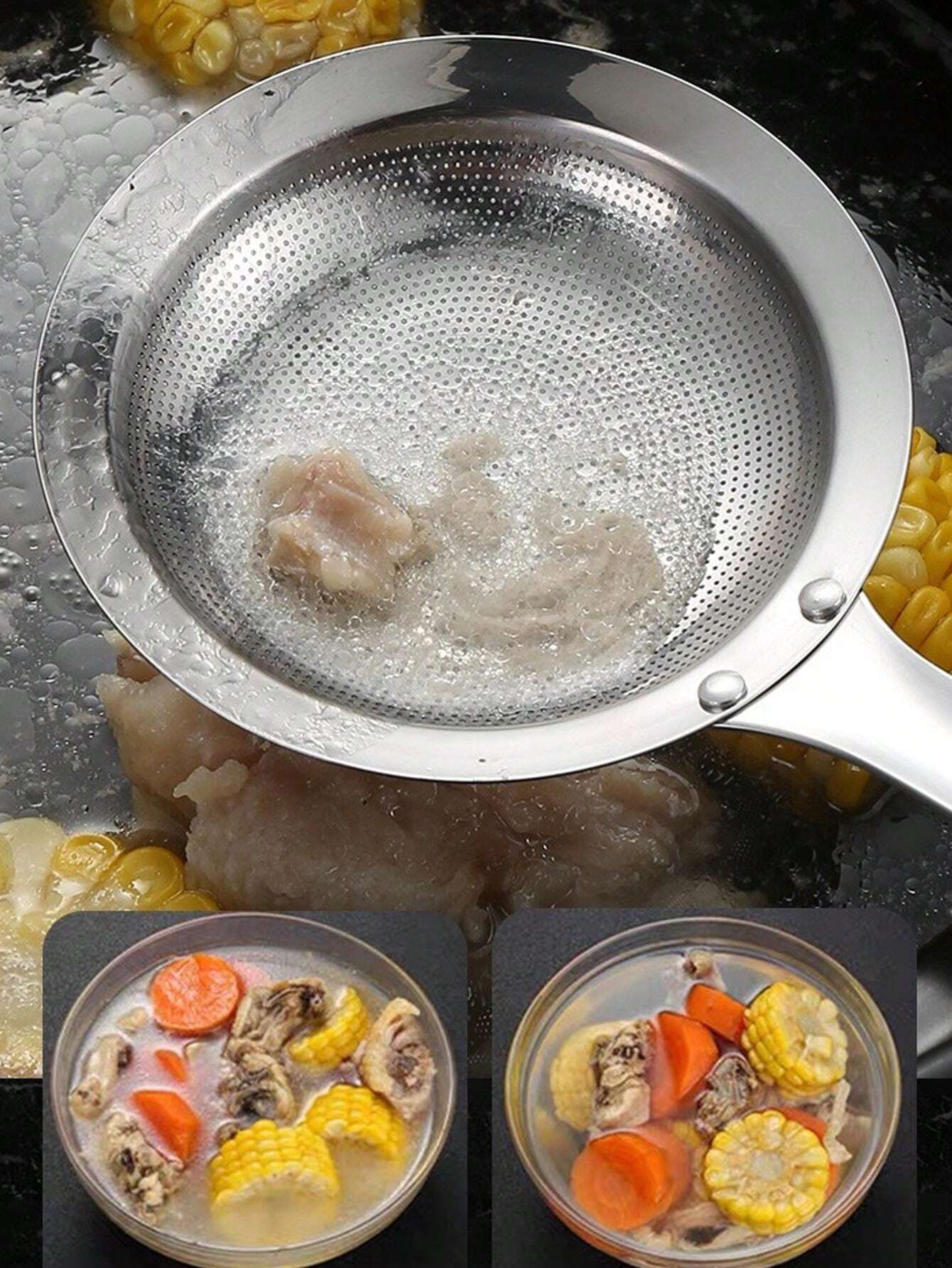 304 Stainless Steel Scum Skimmer Ladle, Kitchen Oil Skimmer Strainer