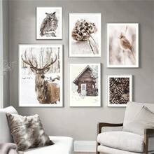 1 buc. Pictură pe pânză, modern, la modă, peisaj de iarnă, copac, elan, cerb, veveriță, pin, casă din lemn, câmp, peisaj, model, afișe pentru decorarea interioară, sufragerie, dormitor, fundal, artă de perete, imagine de design, cadouri funky, fără cadru