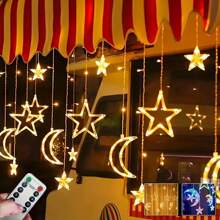 Luces de cadena con estrellas y lunas, operadas con batería con control remoto, luces de cortina LED, guirnalda solar, luces LED con estrellas y lunas, para decoración de Ramadán, dormitorio, boda nórdica, fiesta, jardín, camping, patio, decoración navideña, interior y exterior, decoración del hogar, decoración de fiestas, decoración de vacaciones, regalo de Navidad, adornos del árbol de Navidad