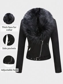 Risissida Women's Retro Short Jacket With Faux Fur Collar - Perfect Fashionable Motorcycle Style Outerwear For Stylish Ladies - Black - View 1