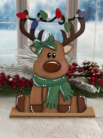 1Pc/280Pcs 2D Print Christmas Wood Green Reindeer Shelf Decor For Home Tabletop Decor , Christmas Santa Claus Gnome Wooden Tiered Tray Decor For Shop Market Bar Xmas Decor