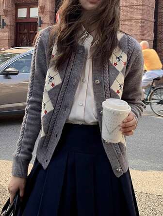 Women's Vintage Diamond Floral Bow Embroidery Knitted Cardigan, Autumn/Winter