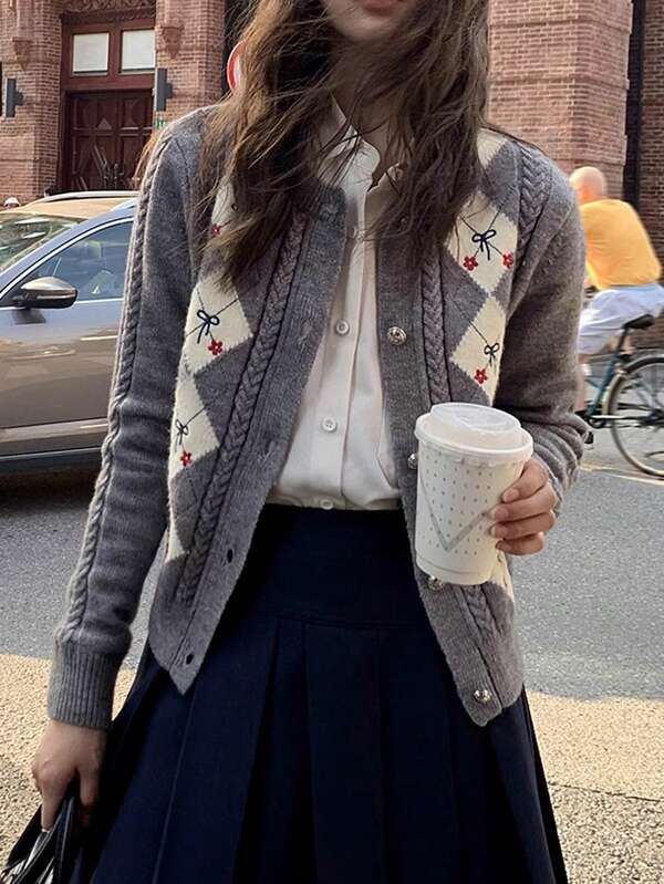 Cardigan lavorato a maglia con motivo floreale a diamante e fiocco, in stile vintage, adatto per autunno/inverno, da donna