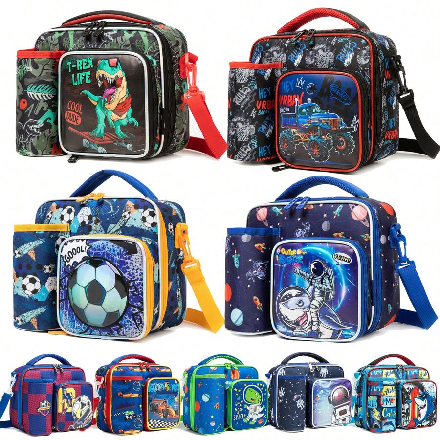 1 件装男孩女孩午餐袋卡通系列午餐袋带水壶袋零食袋可调节肩带适合小学返校旅行和野餐 - 男孩卡通午餐包 - 查看 1