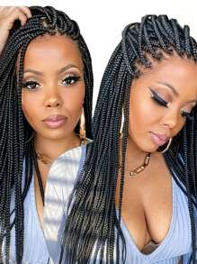 无结编织假发全蕾丝前盒状辫子蕾丝前假发女士混合黑色手工全双蕾丝辫子假发带婴儿头发 - 黑色 - 查看 3