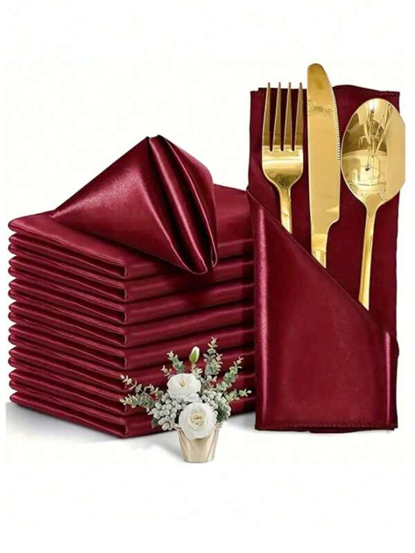 6pcs/12pcs Burgundy Satin Dinner Napkins Handkerchief Party Wedding Decoration Silk Napkin Cloth Table Napkins Placemats Hotel Banquet Birthday Decor