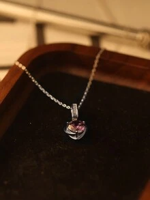 1 件 925 纯银镀白金心形方晶锆石项链吊坠配锁骨链，适合女性/女孩的奢华礼物，适合日常佩戴和约会，2 种颜色可选 - 紫色 - 查看 6