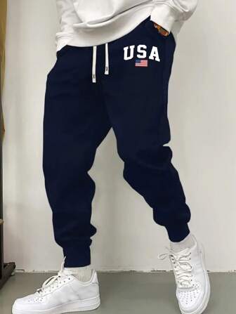 Fall Men's Sweatpants, Autumn Knitted Elastic Waist Drawstring Navy Blue Joggers, Pantalon Homme, Letter Graphic Print,For Outdoor Activities And Jogging