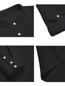 Men's Long Sleeve Stand Collar Half Open Loose Casual Beach Seaside Waffle Shirt - 黑色 - 查看 5