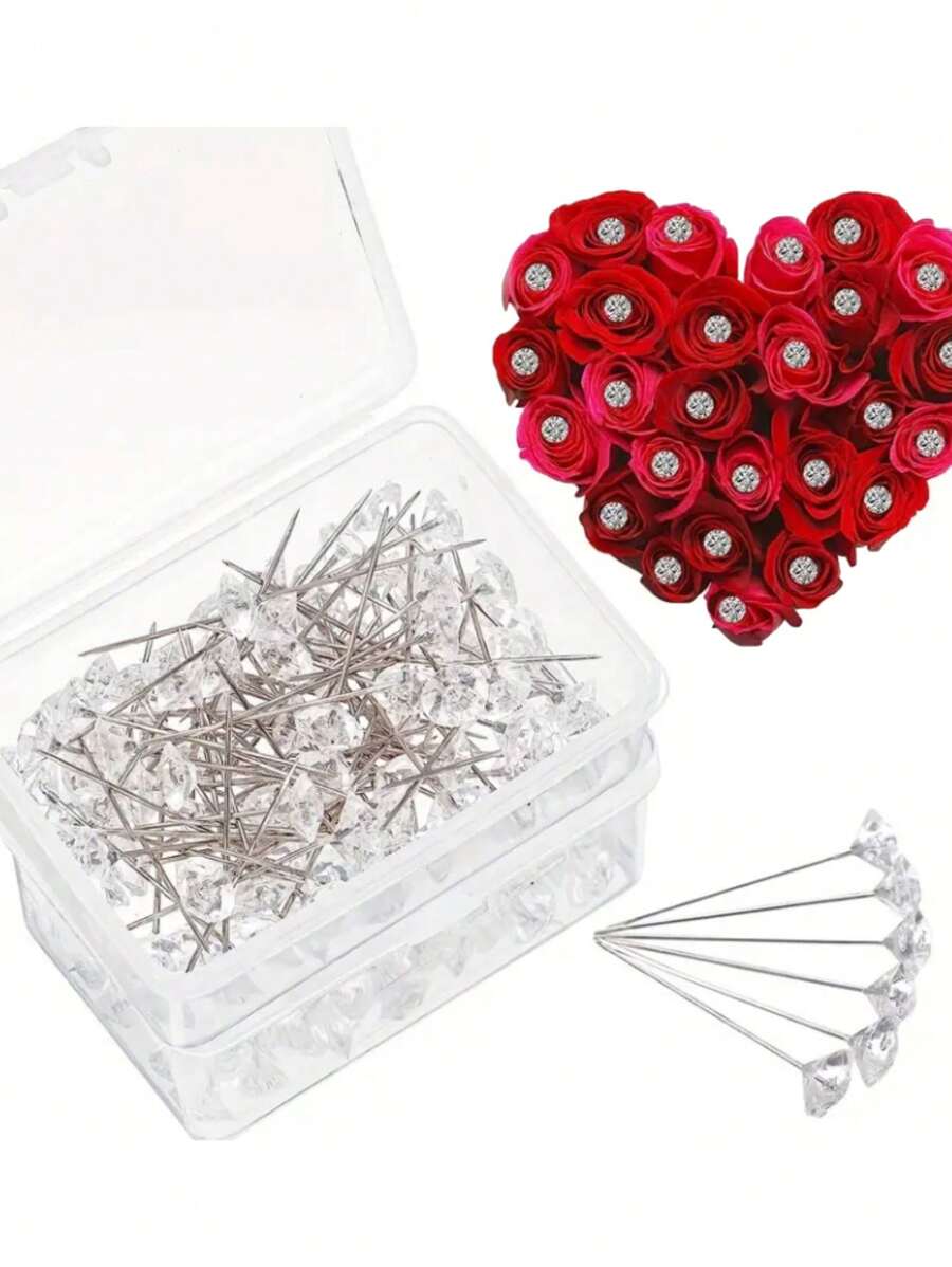 50 piezas, Pin de posicionamiento con forma de gema transparente, Pin con forma de flor para bodas - Con caja de plástico, adecuado para manualidades de Día de San Valentín, bodas, ramos de flores, accesorios de cabello nupcial, joyería, suministros de costura artesanal