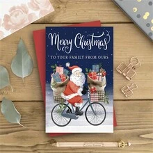 1pc Festive Greeting Cards (Christmas Cards) – Santa On Bike With Joy & Gifts, Random-Color Envelope – For Xmas Gifting To Fam & Friends