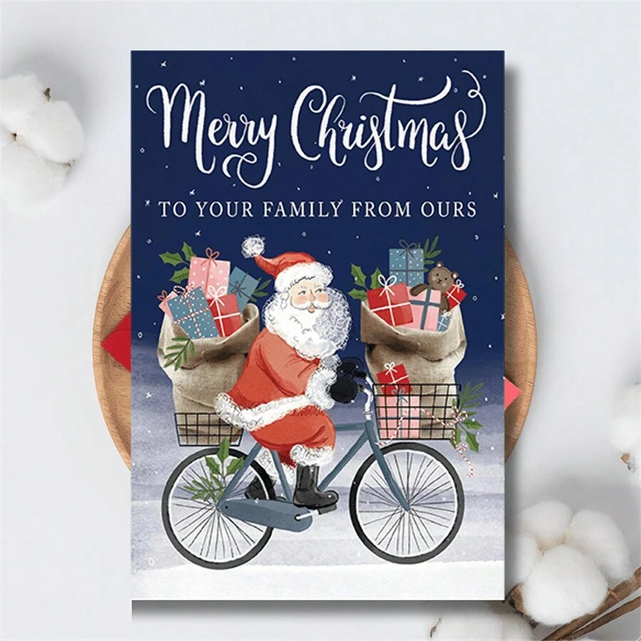 1pc Festive Greeting Cards (Christmas Cards) – Santa On Bike With Joy & Gifts, Random-Color Envelope – For Xmas Gifting To Fam & Friends