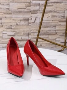 Women's Classic Minimalist 4-Inch Pointed Toe Thin Stiletto Heel Wedding Party Clubwear High Heels, Elegant Formal Event Pumps, Red Mirror