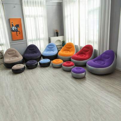 1pc New Inflatable Slouchy Sofa Folding Recliner Chair, Camping Outdoor Travel With Footrest, Flocked Sofa Bed