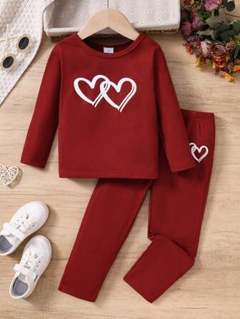 2st Flickor Burgundy Casual Bekväm långärmad hjärttrycktopp och byxuppsättning, höst