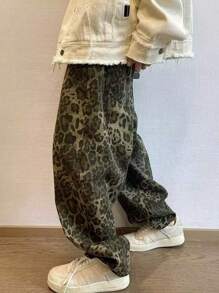 Men Denim Jeans With Leopard Print, Retro Fashion Casual Loose Straight Leg Pants, Grunge - Brown - View 2