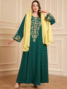 SISKAKIA Váy dài tay giản dị thêu cổ chữ V Kaftan thường ngày có khăn trùm đầu cho phụ nữ Dubai - màu xanh lá - Xem 7