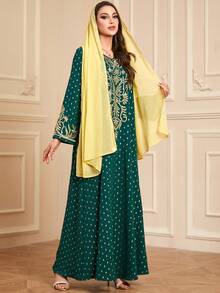 SISKAKIA Váy dài tay giản dị thêu cổ chữ V Kaftan thường ngày có khăn trùm đầu cho phụ nữ Dubai - màu xanh lá - Xem 3